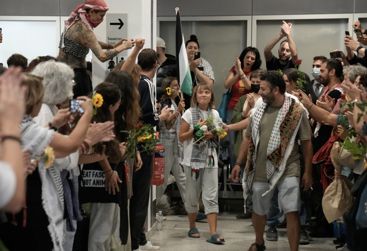 Greta Thunberg arrives at Eleftherios Venizelos International Airport in Athens (AP Photo/Petros Giannakouris)